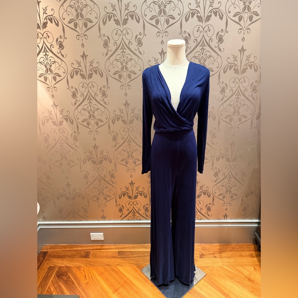 Young Fabulous & Broke Navy Deep V  Long Sleeve Wide Leg Jumpsuit Size S